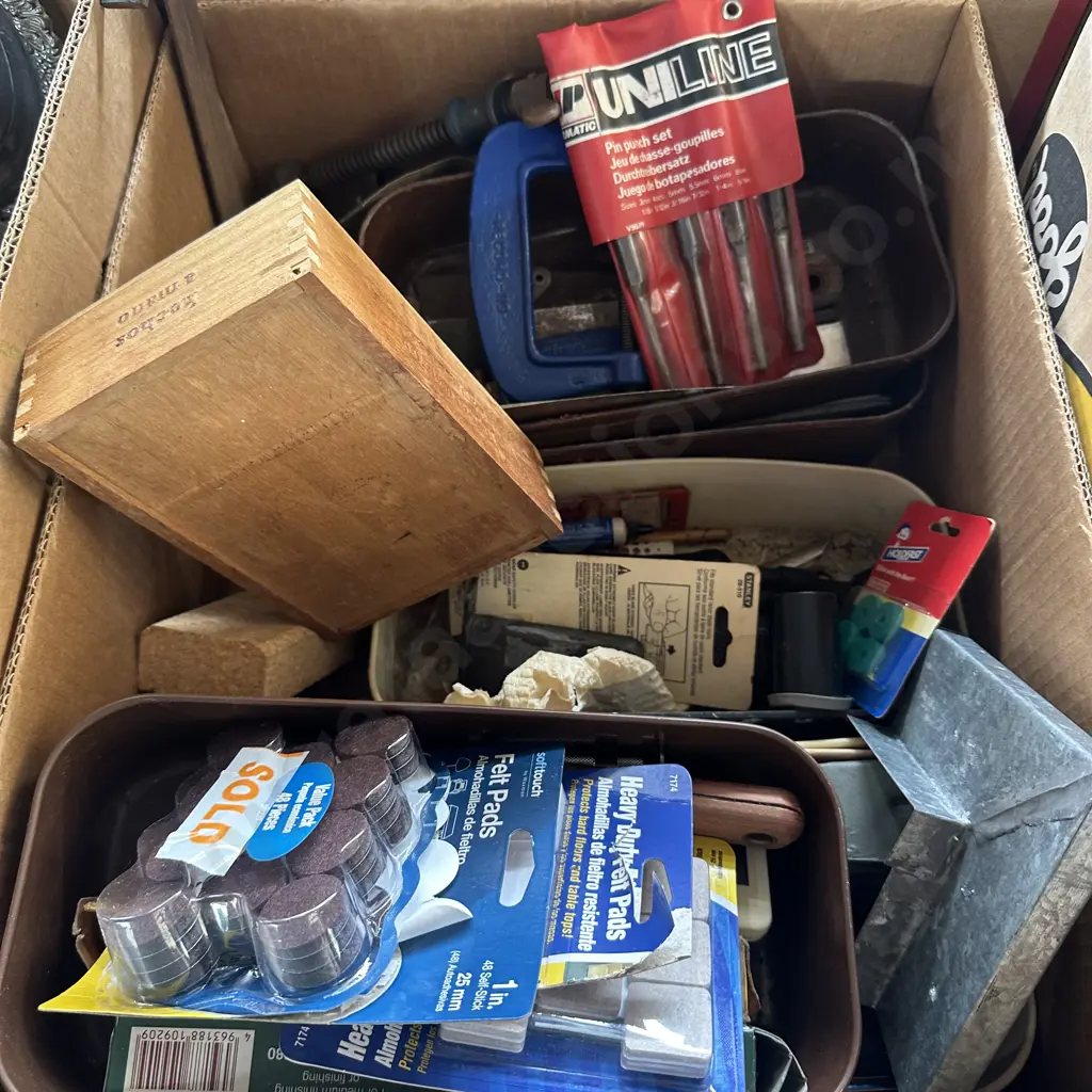 Box of tools including Record G-Clamp, drill bits etc. Image 1++