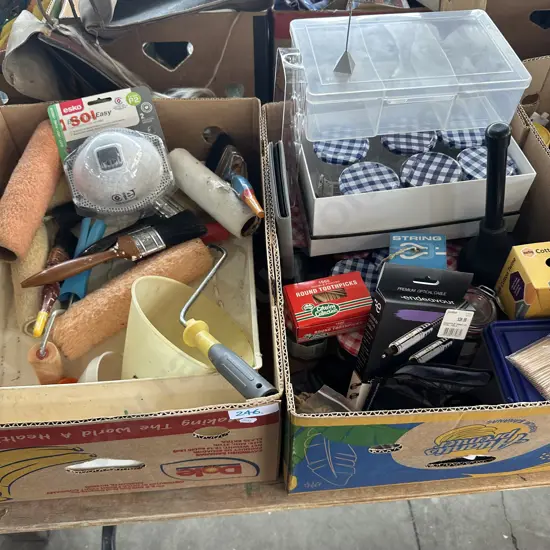Two boxes painting gear, craft container etc.