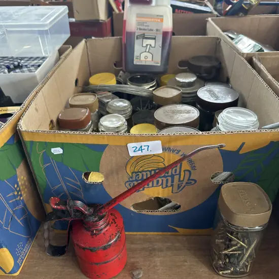 Nails and hardware including brass screws, 2-Stroke lube and oiler etc.