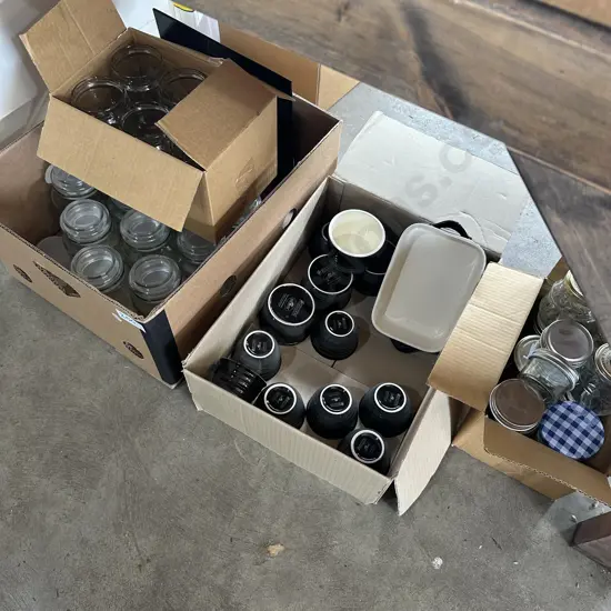 Four boxes of jars and Maxwell Williams Stoneware.