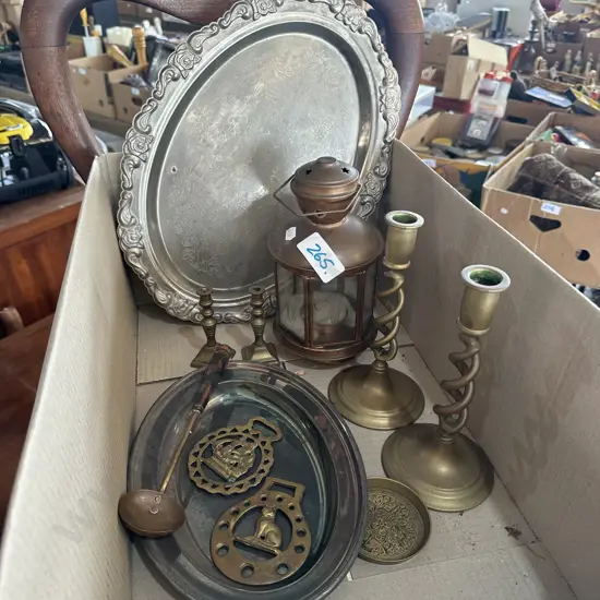 box of copper, brass and silverware