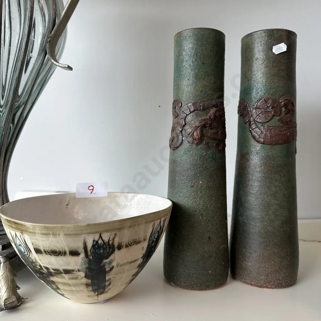 Pr of pottery vases and bowl - signed Image 1++