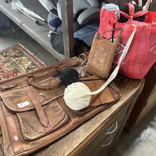 leather satchel and purse plus balls of tie