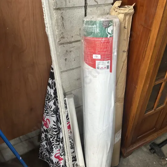 2 rolls of building materials, umbrella, curtain rails, kiddy gate
