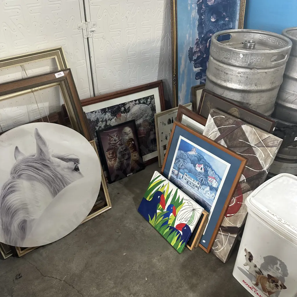 large lot pictures and frames plus bin etc Image 1++