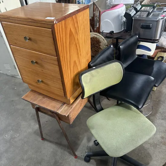 bedside, desk, 2 bar stools and office chair