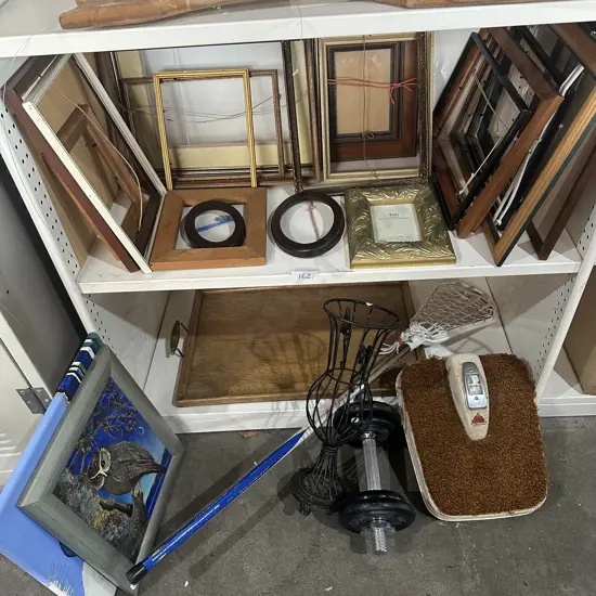 dumbell, metal vase, picture frames etc (plus sewing machine)