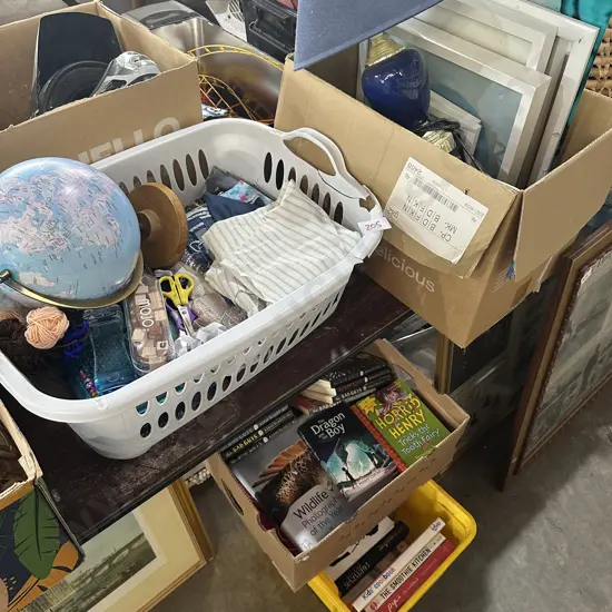 Two box books plus wash basket & box  of contents mirror, pictures, lamp, globe etc.