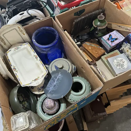 Two boxes china, pottery, blue vase etc.