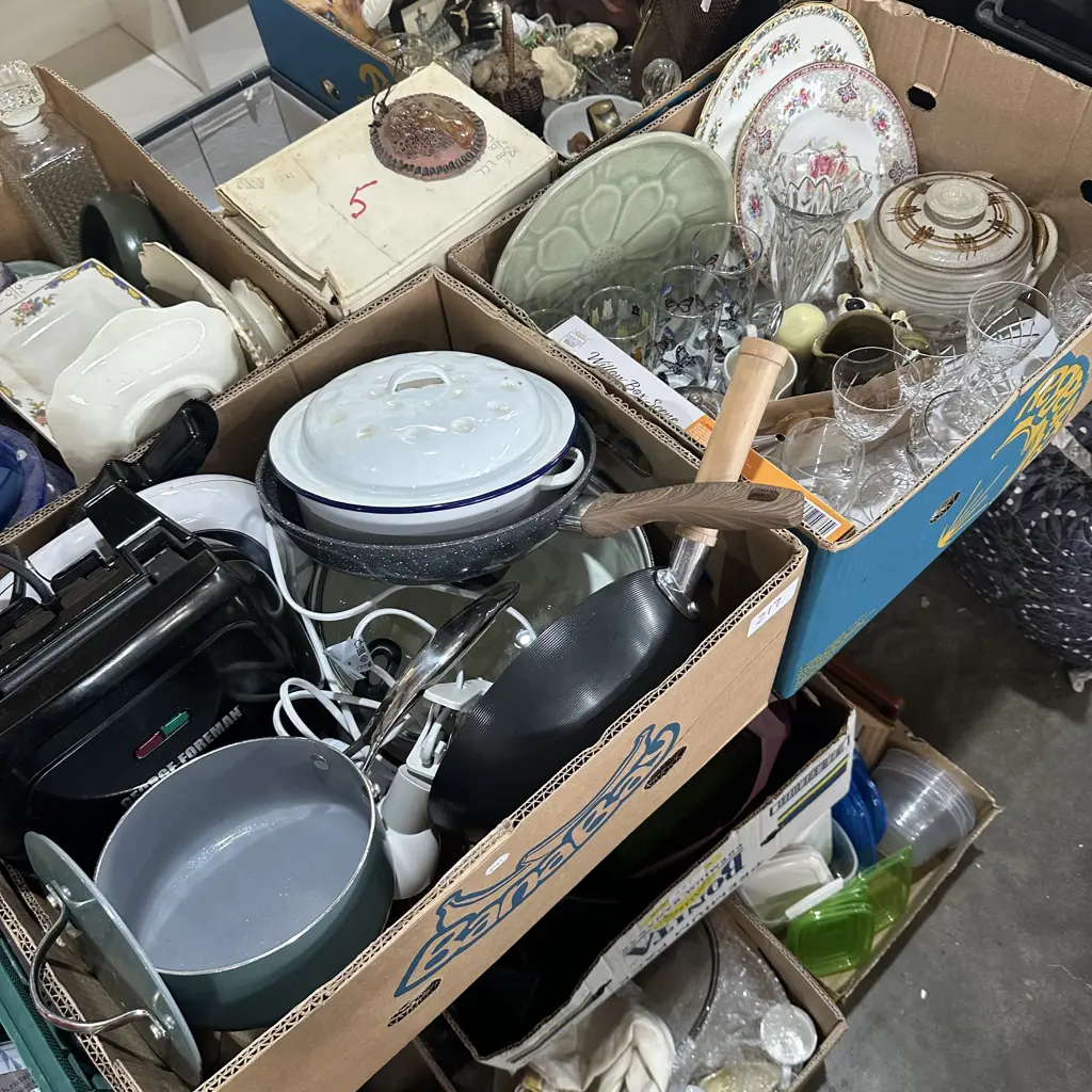 Two boxes pots and pans, plates, crystal and pottery etc. Image 1++