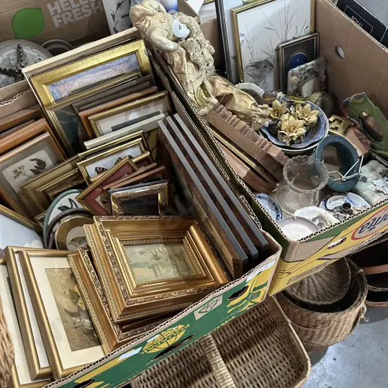 2 box pictures, collectibles etc