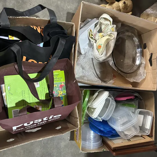 3 boxes, containers, books and kitchenware