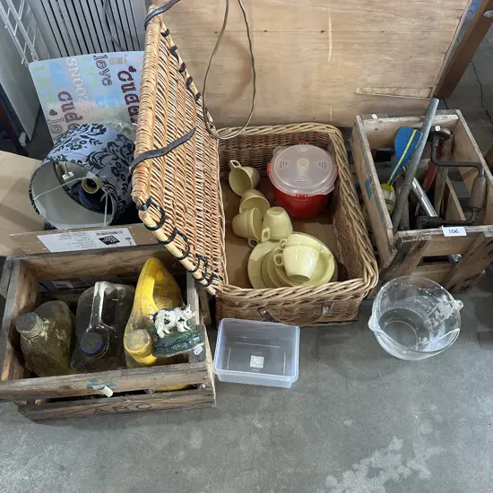 Picnic basket and contents, cast door stop, tools, box lot etc