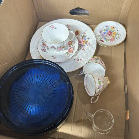 Blue glass lidded bowl and chinaware etc
