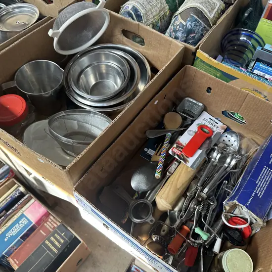 2 box stainless bowls, utensils etc