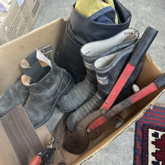 boots, raincoat and tools