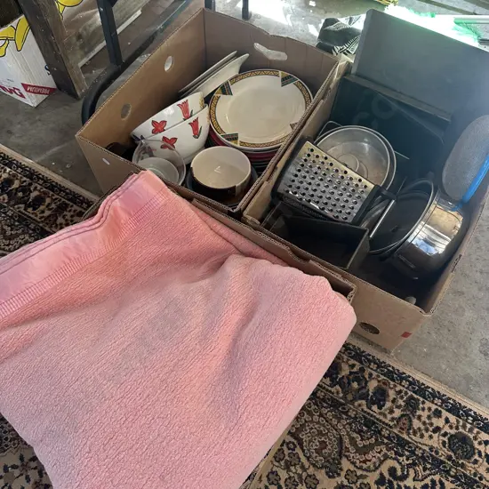 3 box blankets, cookware, china