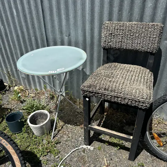 table and bar stool, planters
