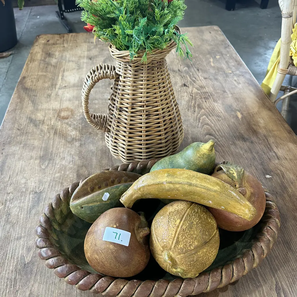 pottery platter & fruit plus wicker vase Image 1++
