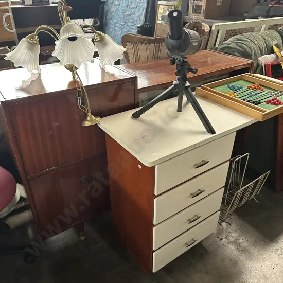 vintage drinks cab, desk, mag rack and lamp