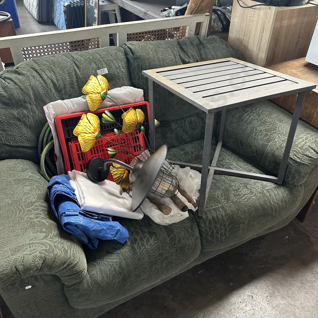 sofa, plastic bin, tarp, lamp etc plus outdoor side table Image 1++