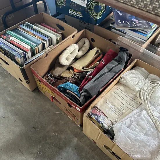 3 box vinatge purses, net curtains books etc