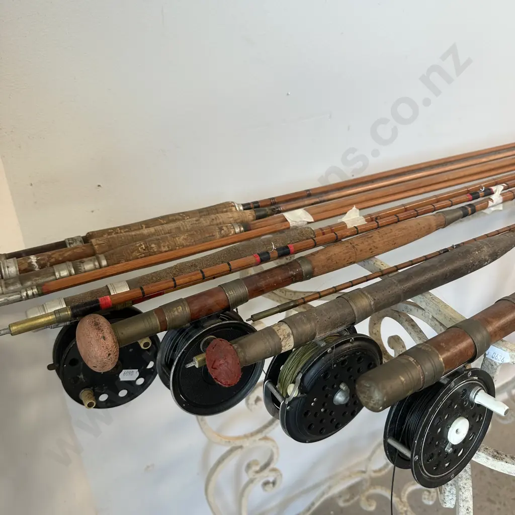 collection of antique split cane & wooden fly rods plus reels Image 1++