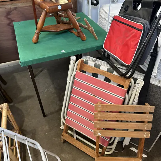 card table, folding trestle, deck chairs & chilli bag stool