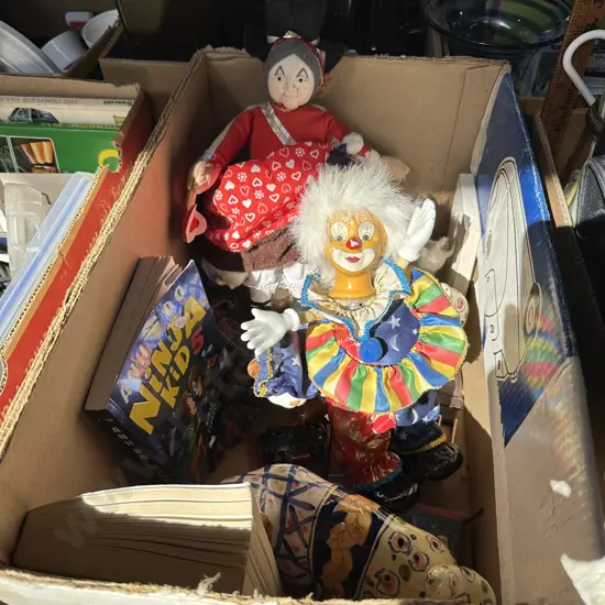 Box lot with ceramic cats and dolls etc.