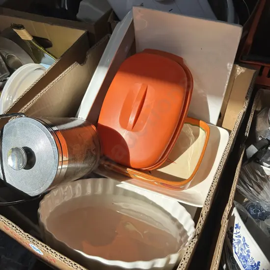 Box of servers and vintage Tupperware etc.
