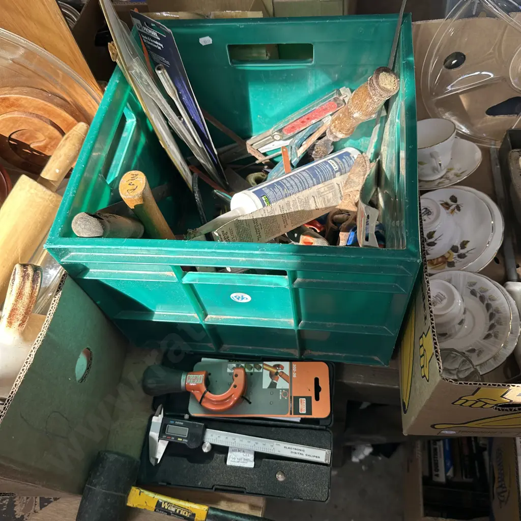 Bin of assorted tools including digital calipers. Image 1++