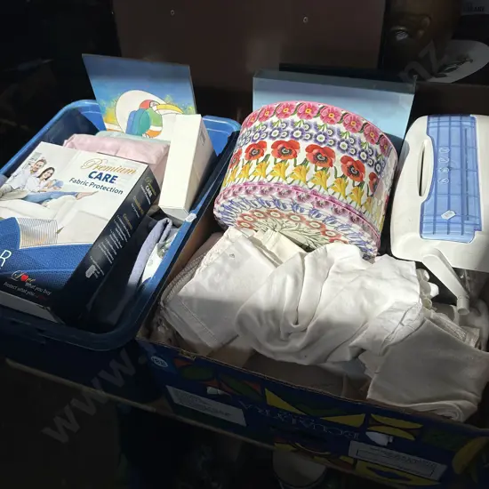 Two boxes sheets, linen, premium care fabric protection etc.