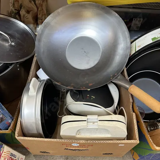 Box lot including large Wok