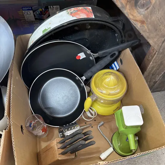 Box lot large roaster, two new non-stick fry pans etc.