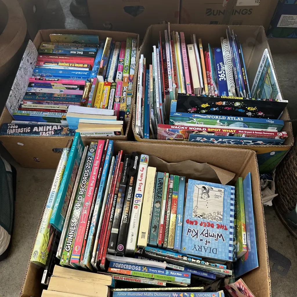 Three boxes of books including kids books. Image 1++