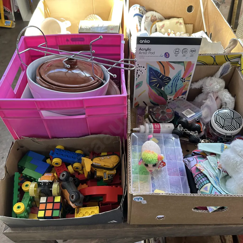 Bin of kitchenware, craft box and toys box including the original Rubiks cube. Image 1++