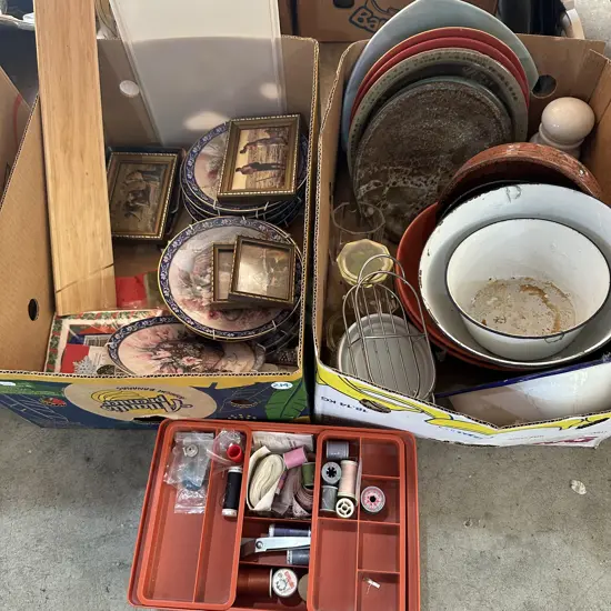Two boxes enamelware, plates and sewing items etc.