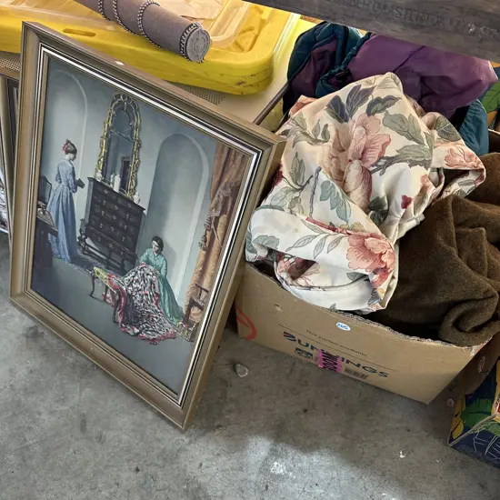 Box sleeping bag, blanket, seat covers and pictures etc.
