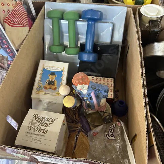 Box of boxed toys, weights etc.