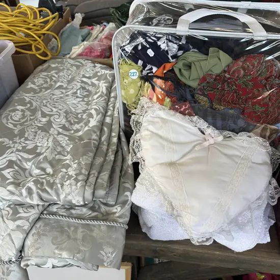 Bed cover, scarves, towels and heart cushion etc.