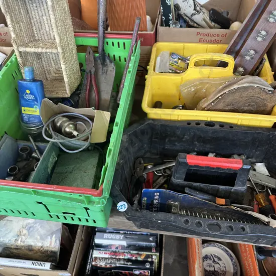 Vege bin and two tool caddies with bellows, tools and hardware.