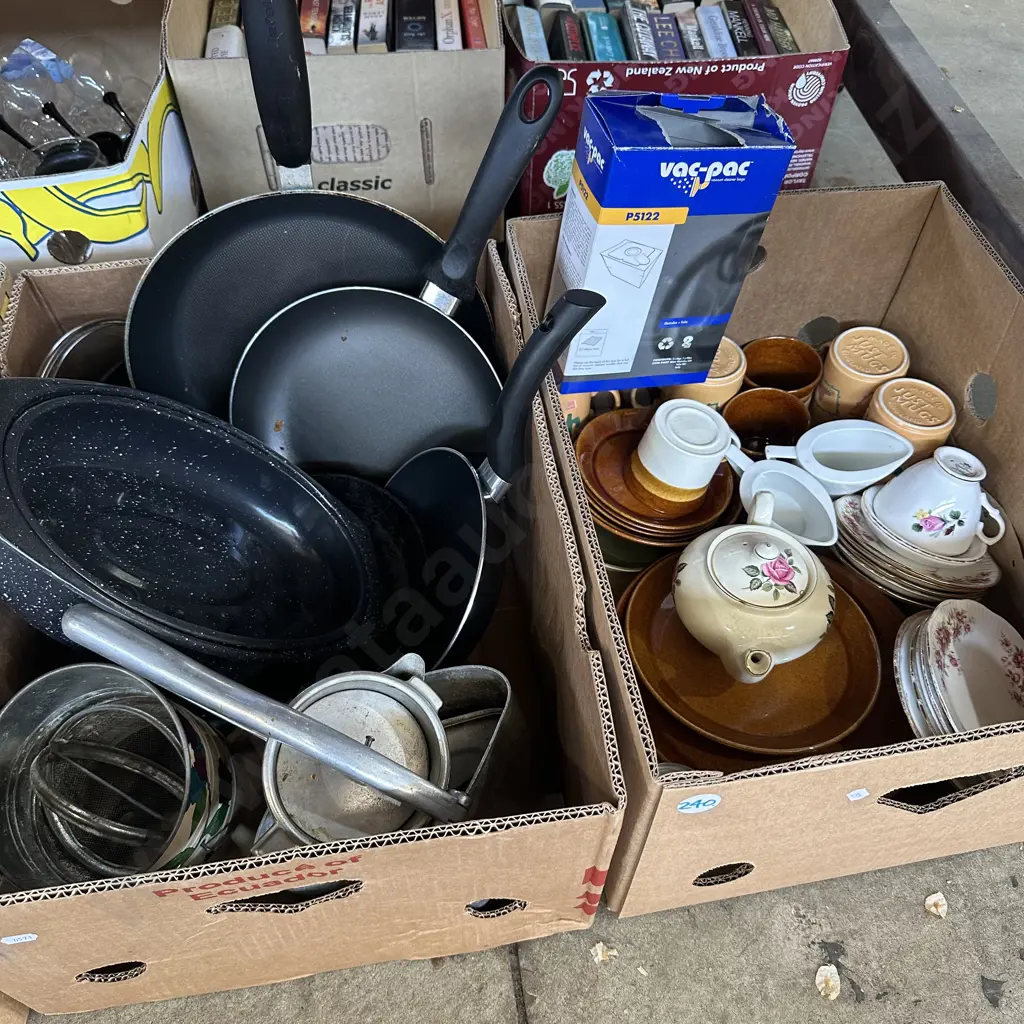 Two boxes small roaster, new non-stick frying pans and chinaware etc. Image 1++