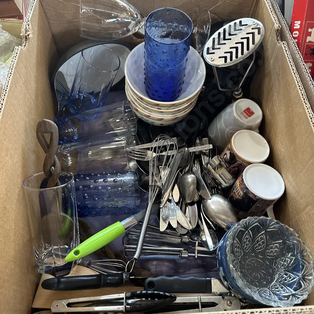 Box of cutlery and utensils, plates and glasses etc. Image 1++
