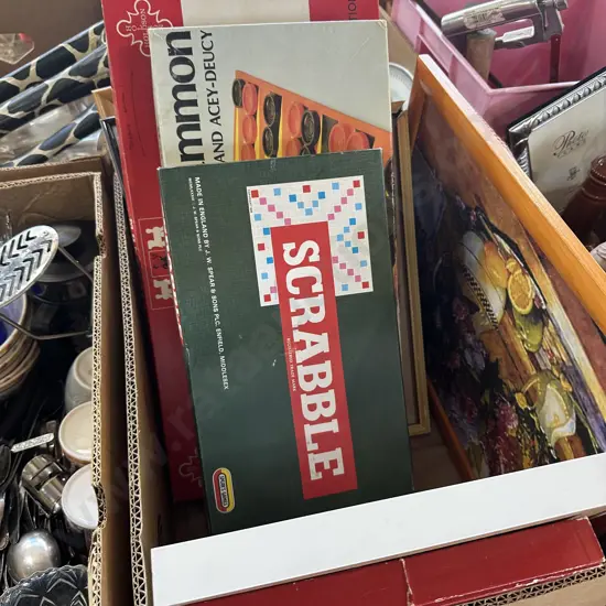 Box of games, picture frames and mirror etc.