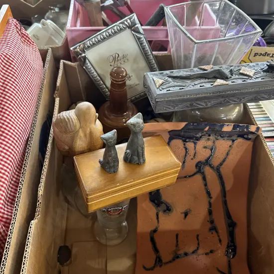 Box of large vases, pottery, cat and wooden items etc.