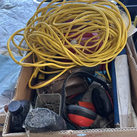 Box lot with petrol can, painting gear and extension lead etc.
