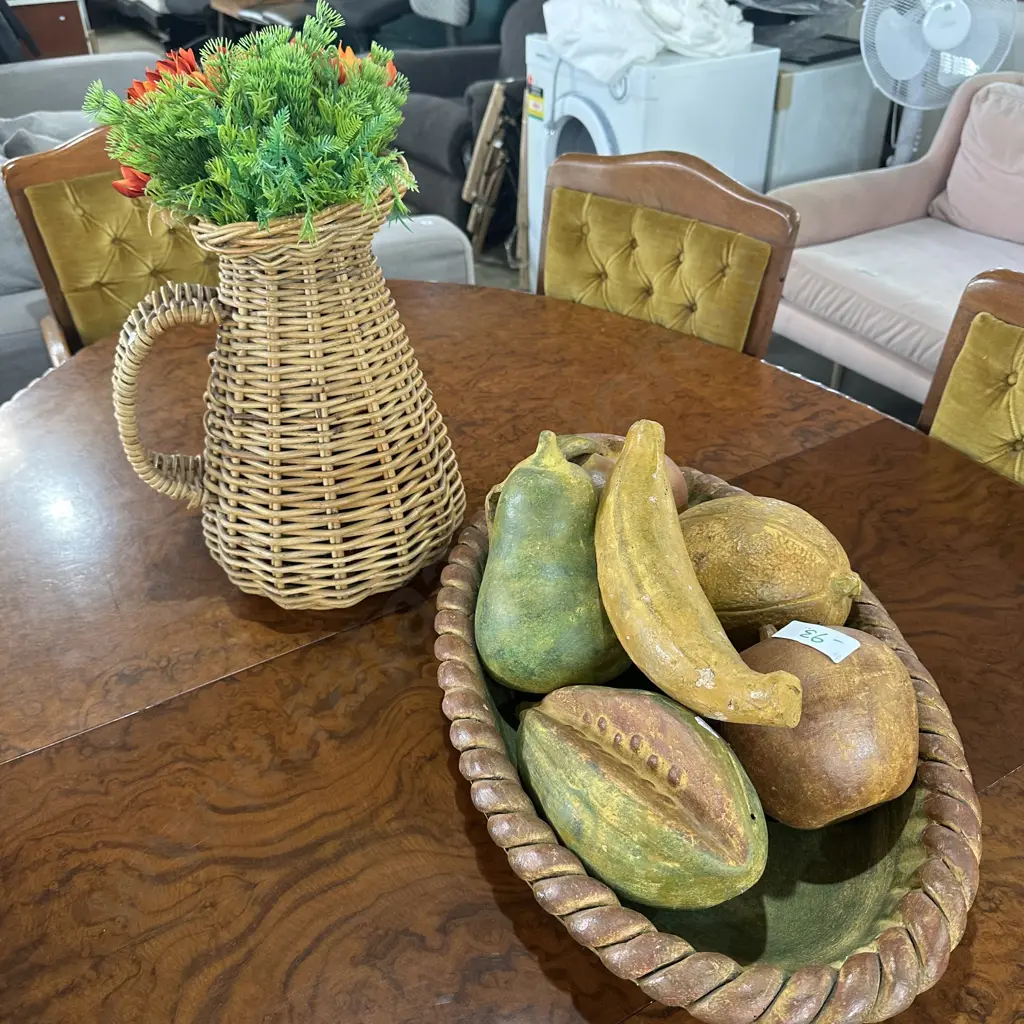 Pottery platter & fruit plus large wicker vase Image 1++