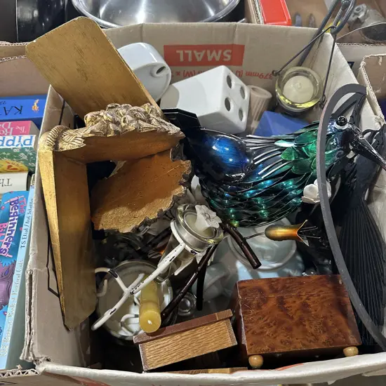 Box lot including metal TUI art.