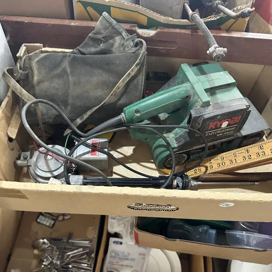 box lot with belt sander and tools etc.