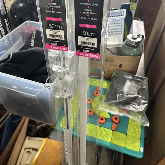 Bin of Dive gear, Rubiks Race and dog toy and curtain rails (used)
